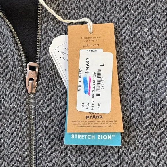 PrAna Zion Zip Up Hoodie Mens Sz L Gray Knit Hooded DWR Sweatshirt - Picture 5 of 9